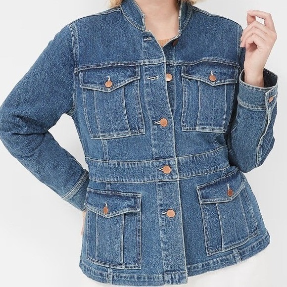 Lane Bryant Jackets & Blazers - Lane Bryant Womens Blue Denim Banded Waist Utility Jacket Collarless 4-Pocket